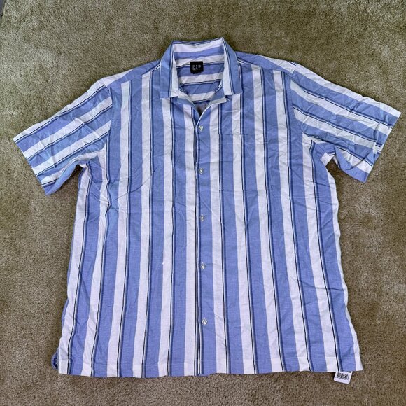 Gap Linen Blend Shirt Womens Size XL Blue Striped Button Short Sleeve NWT E858 - Picture 1 of 10